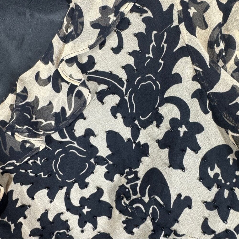 Y2K 2000s Beige Black Silk Burnout Floral Blouse Size S Sheer Indie Ethereal - Picture 11 of 16